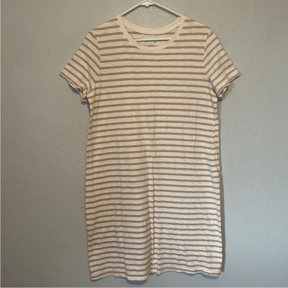 UNIVERSAL THREAD T-Shirt Dress Women's Size L Tan Beige Striped Knee Length - Picture 1 of 6